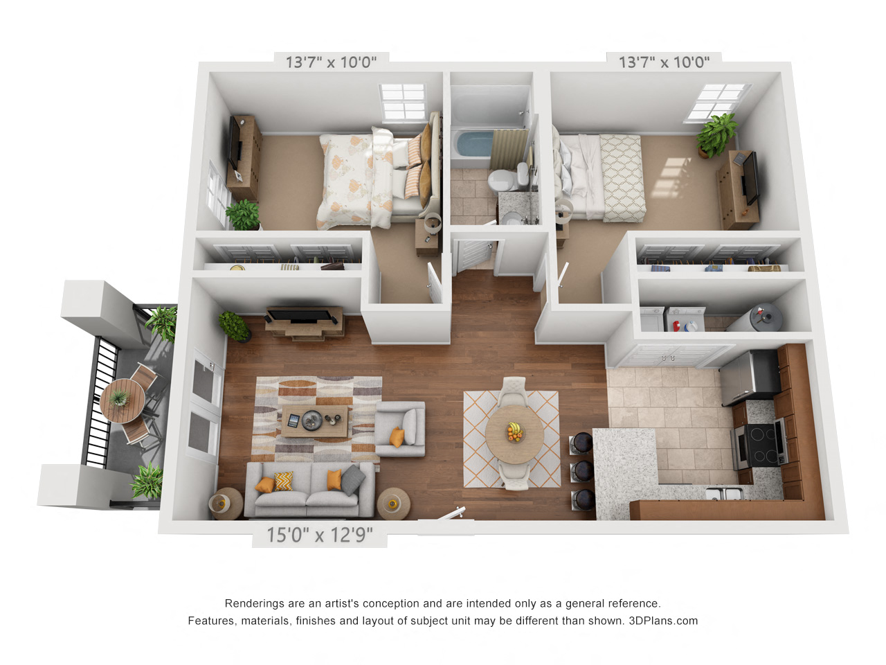 Floor plan for 2 beds, 1 bath, 884 sqft